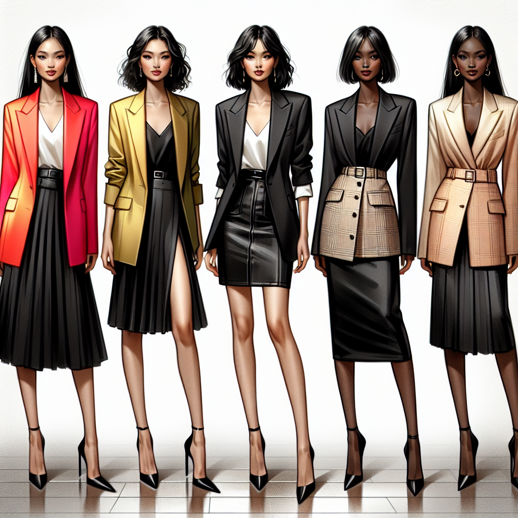 Visualize a fashionable set of blazer and skirt pairings, showing an array of contrasts and combinations. Depict an Asian woman wearing a bright silk blazer, a Middle-Eastern woman with an oversized wool blazer, a Caucasian woman showcasing a fitted satin blazer, and a Black woman in a restrained tailored linen blazer, all paired with chic black skirts. The scene should conjure vibes of sophistication and versatility, reflecting different tastes and personal styles within a retail or a fashion studio setting. The focus should be on the unique cuts, fabrics, and detailing of the blazers and the universal appeal of black skirts.
