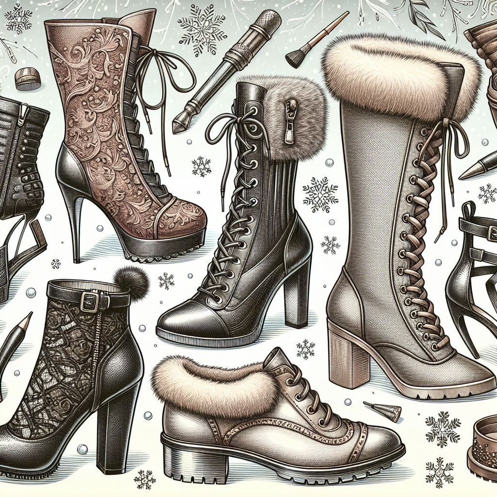 Create a detailed image, showcasing a stylish array of shoes designed for winter conditions. These shoes should express a blend of practicality and style, suitable for pairing with winter dresses for an effortless yet fashionable look. Add a frosty background to set the winter ambiance. Include a variety of shoe styles such as ankle boots, knee-high boots, stilettos with fur detailing, and lace-up boots with chunky heels. Decorate the scene with ornamental details like intricate lace patterns, shiny buckles, and discreet yet functional zippers. Remember to diversity in the materials and colors of the shoes too.