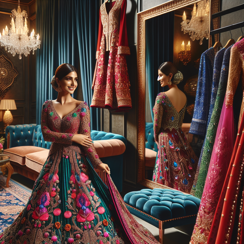 A scene featuring a South Asian woman trying on exquisite Walima attire in a luxurious dressing room. She is holding up a brightly colored, ornately decorated outfit to her body, reflecting on her image in a full-length mirror. The dressing room has velvet curtains, a chandelier, and a plush ottoman. There are several other gorgeous outfits in deep red, emerald green, and royal blue hues hanging in the background. The expression on her face communicates joy and excitement as she is about to choose her perfect dress for the Walima event.