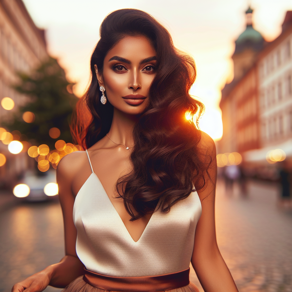 A glowing sunset backdrop is accentuated by a confident woman walking confidently down a cobblestone European street. She's donned in a glamorous, backless designer dress made of luxurious satin fabric that drapes flatteringly over her curvaceous figure. The South Asian woman's chestnut-colored, long, wavy hair cascades down her back as she looks boldly into the distance. Her dark brown eyes sparkle with certainty and enthusiasm. She wears minimalistic jewelry &ndash; a dainty rose gold chain and a solitaire pendant &ndash; that subtly highlights her elegance and bravery of owning her own style, empowering others to go braless with confidence.