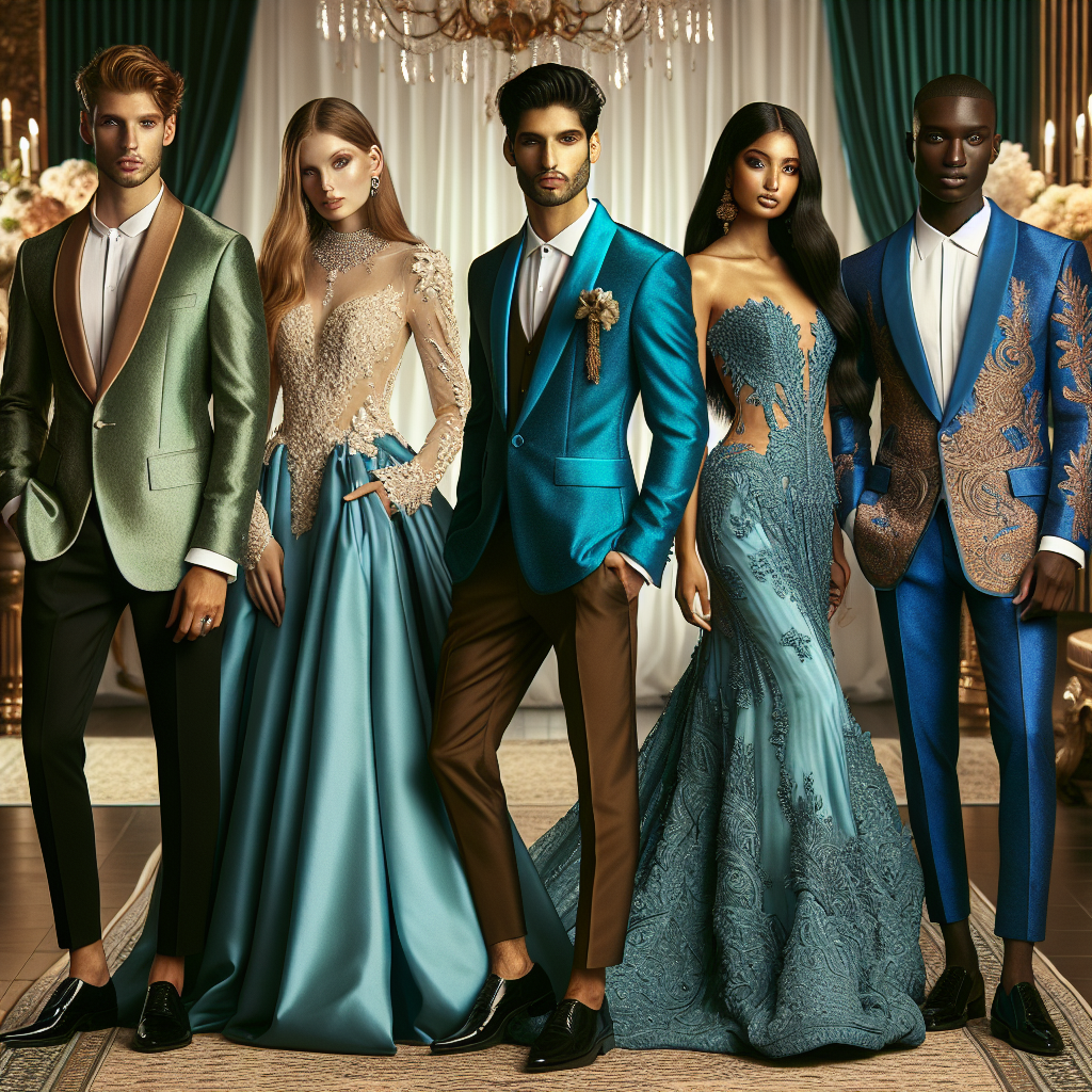 A diverse group of five people, each of different descent (such as Middle-Eastern, South Asian, Black, White and Hispanic) and various genders, showcasing a variety of stunning wedding outfits, each specifically tailored to best suit the wearer's personal color palette. From a Hispanic woman in a gorgeous teal gown that accentuates her brunette hair, to a South Asian man flaunting a royal blue sherwani complementing his dark complexion, the emphasis is on how each color augment the individual's unique beauty. All set against a backdrop of a luxurious wedding hall decorated elegantly.