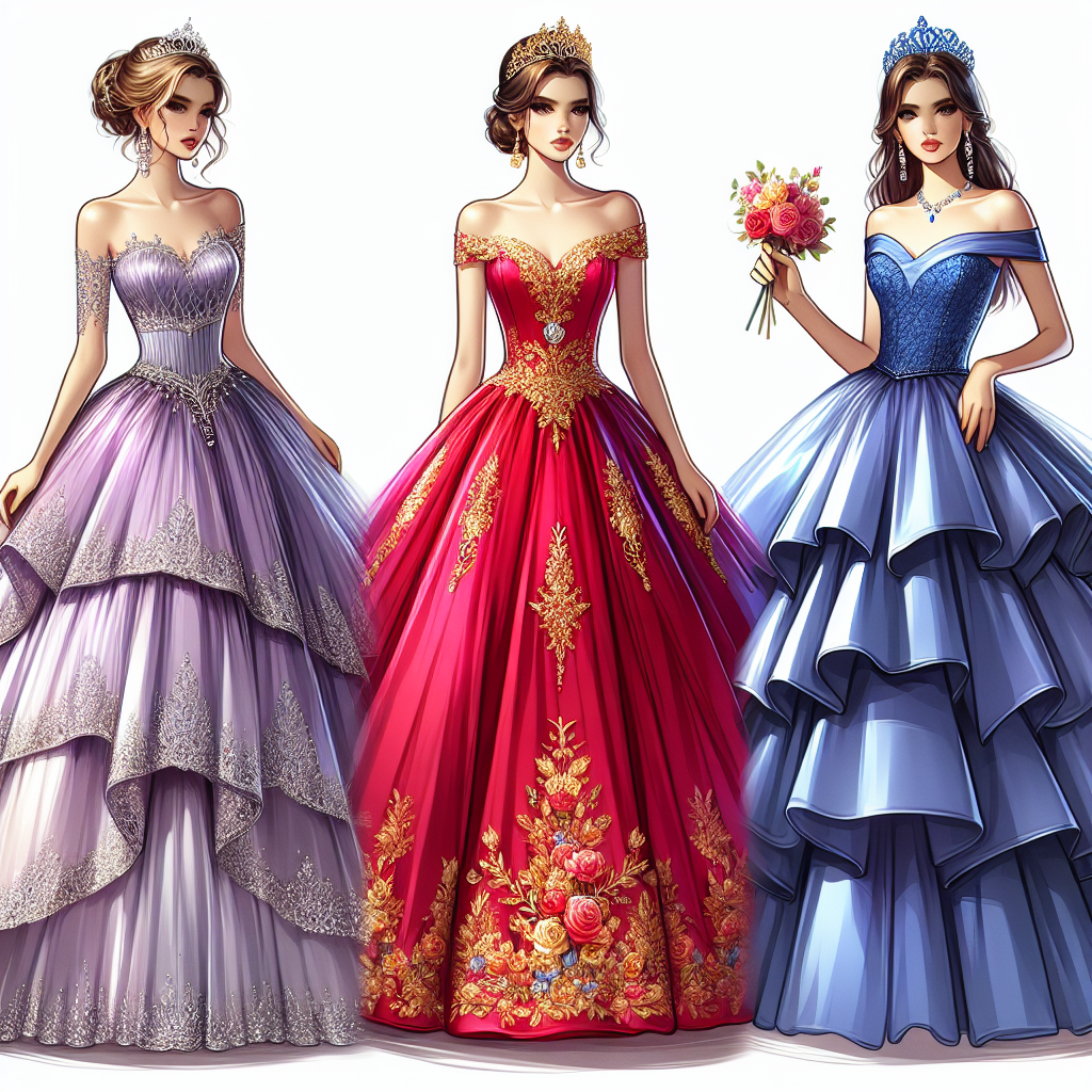 Create an illustration of three various stunning Quincea&ntilde;era dresses. The first dress is a flowy lavender-colored ball gown with intricate silver beadwork around the waist and bust, topped with a diamond tiara. The second dress is a bright red A-line dress, with gold embroidery details on the bodice and skirt, complemented with a golden floral crown. The third dress is a royal blue off-shoulder dress with a mermaid silhouette and a layered tulle skirt, adorned with a blue satin headband. Each dress is displayed on a mannequin that matches the Hispanic descent of the celebrant. The scene captures the excitement and joy of finding the perfect Quincea&ntilde;era match.