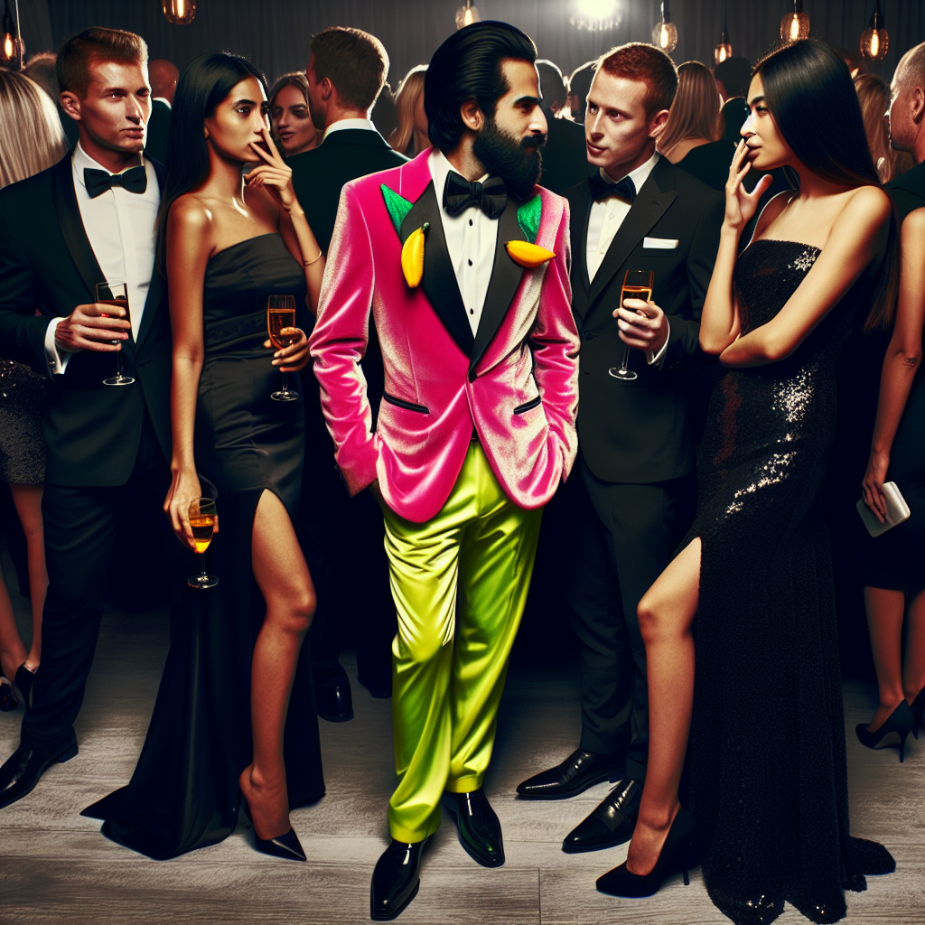 Imagery of a classy cocktail event. Amidst the chic crowd, one person is visibly standing out due to their eccentric fashion choices. Three people dressed impeccably are exchanging secret glances and casual whispers, expressing their disapproval subtly. The eccentric individual is a Middle-Eastern man wearing a neon colored tuxedo despite the black-tie dress code. The three critics are a South Asian woman in a sleek black gown, a White man in a classic black tuxedo and a Hispanic woman adorned with an elegant black cocktail dress.