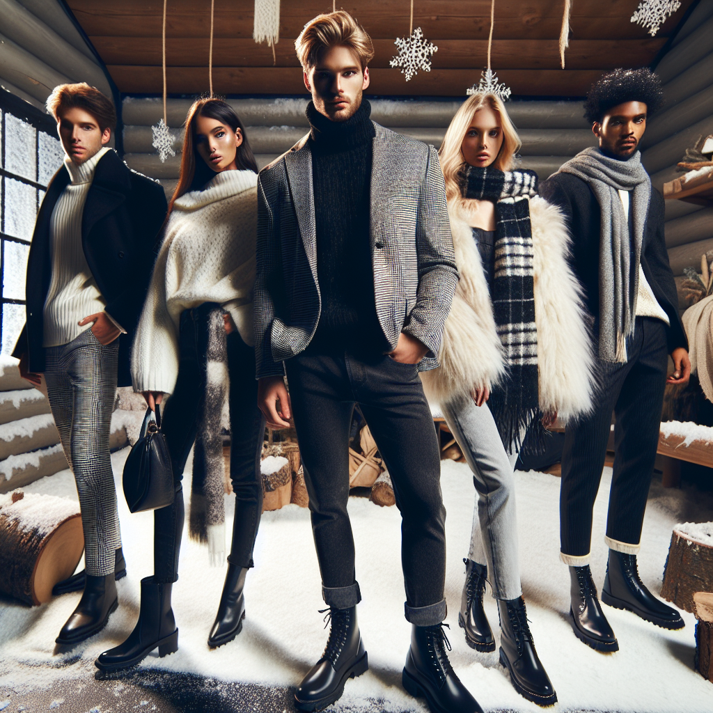 Imagine the scene of a winter concert style guide photo shoot. Picture a cozy log cabin studio backdrop filled with snowbound ambience. In the foreground, there's a diverse group of stylish people showcasing a variety of chic winter outfits. A Caucasian male model is sporting a sleek, black turtle neck sweater paired with dark denims, a trendy tartan scarf and leather boots. An Hispanic female model is draped in a white, fuzzy faux-fur coat, black skinny jeans and snow boots. Another Black male model displays a sophisticated grey peacoat, a chunky knit scarf, straight-fit corduroy pants and polished dress boots. They are striking dynamic poses, exuding charm and confidence.