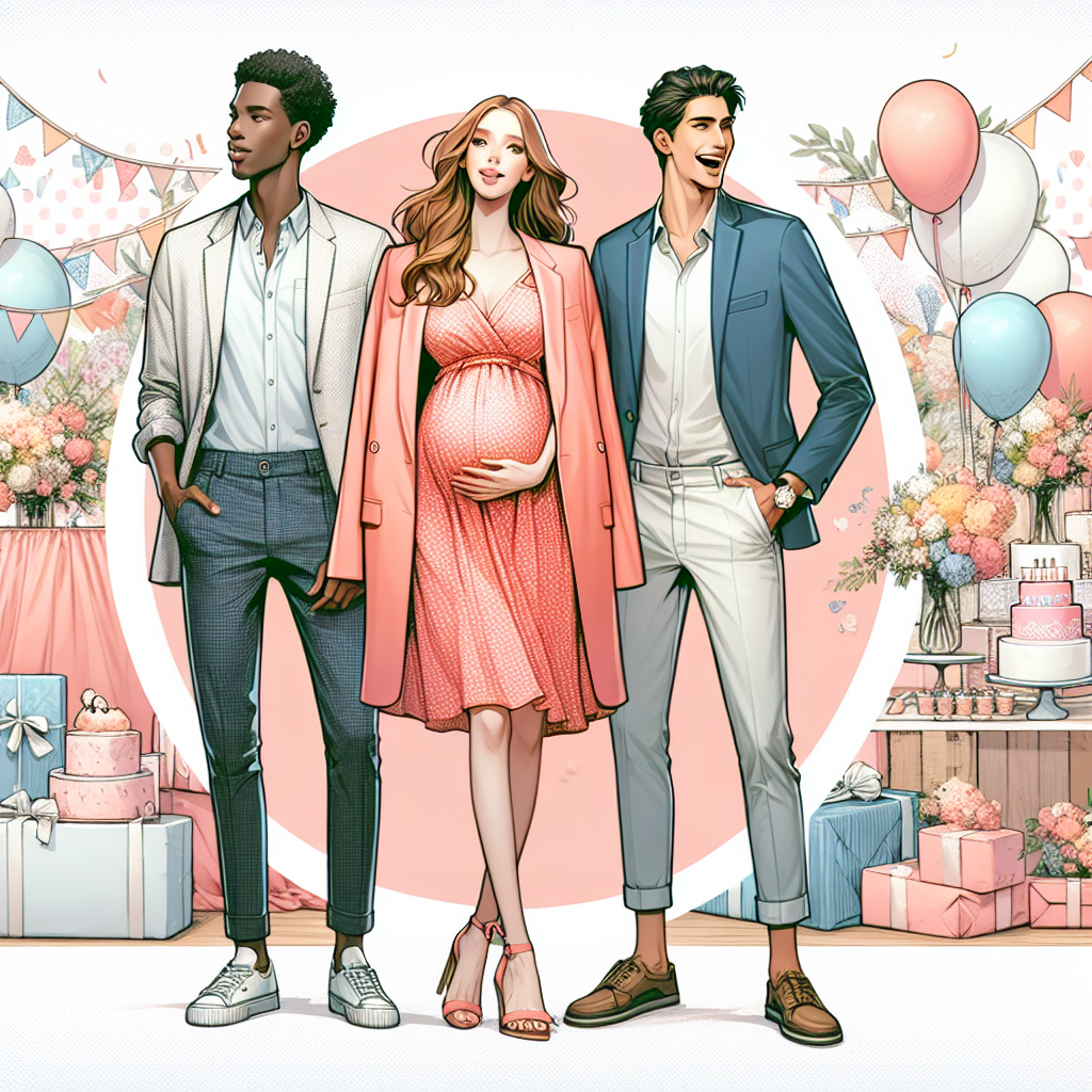 What to Wear Inside a Blazer: Must-Have Baby Shower Styles Imagine a detailed picture representing an article on stylish outfits perfect for baby showers. In the center, there's a Caucasian woman with a trendy coral blazer flung over her shoulders. She's wearing a playful polka-dot maternity dress under the blazer. To her left, stands a Black man dressed smartly in a chambray shirt, navy blazer, and khaki pants. On the right, visualize an Asian woman in a flowy floral dress and white blazer laughing. Around them, the setting is a lively baby shower, with pastel-color balloons, wrapped gifts, and an artfully decorated cake table. The image captures the joy, festivity, and the stylish attire tips for such an occasion.