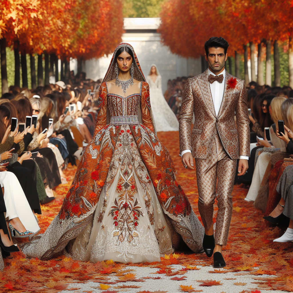 An autumn-themed fashion show occurring outdoors amongst the vibrant, russet hues of fall leaves. In the foreground, a South Asian woman dons an elegant wedding dress correlating with the atmosphere, displaying intricate, ethnic-inspired patterns mingling with more traditional Western wedding dress elements. A Middle-Eastern man is seen in a classy, tailored suit integrating autumnal colors, demonstrating the groom's fashion. They are on a runway, with audience marveling their outfits. Accessories and shoes matching their ensembles are clearly visible.