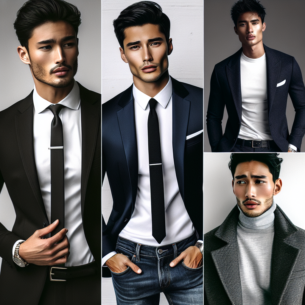 Picture this: A collection of stylish and sophisticated outfits for men, ideal for professional headshot photography. There's a classy black suit worn by a gentleman of Hispanic descent, the sleek lines of the suit complemented by a crisp white shirt and an elegant black tie. Then, an Asian man presents a relaxed, yet chic vibe in a smart casual ensemble, rocking a clean white t-shirt under a navy-blue blazer. Lastly, a South Asian man looks effortlessly trendy in a classic turtleneck paired with a charcoal gray sport coat. These outfits represent the epitome of effortless male fashion.