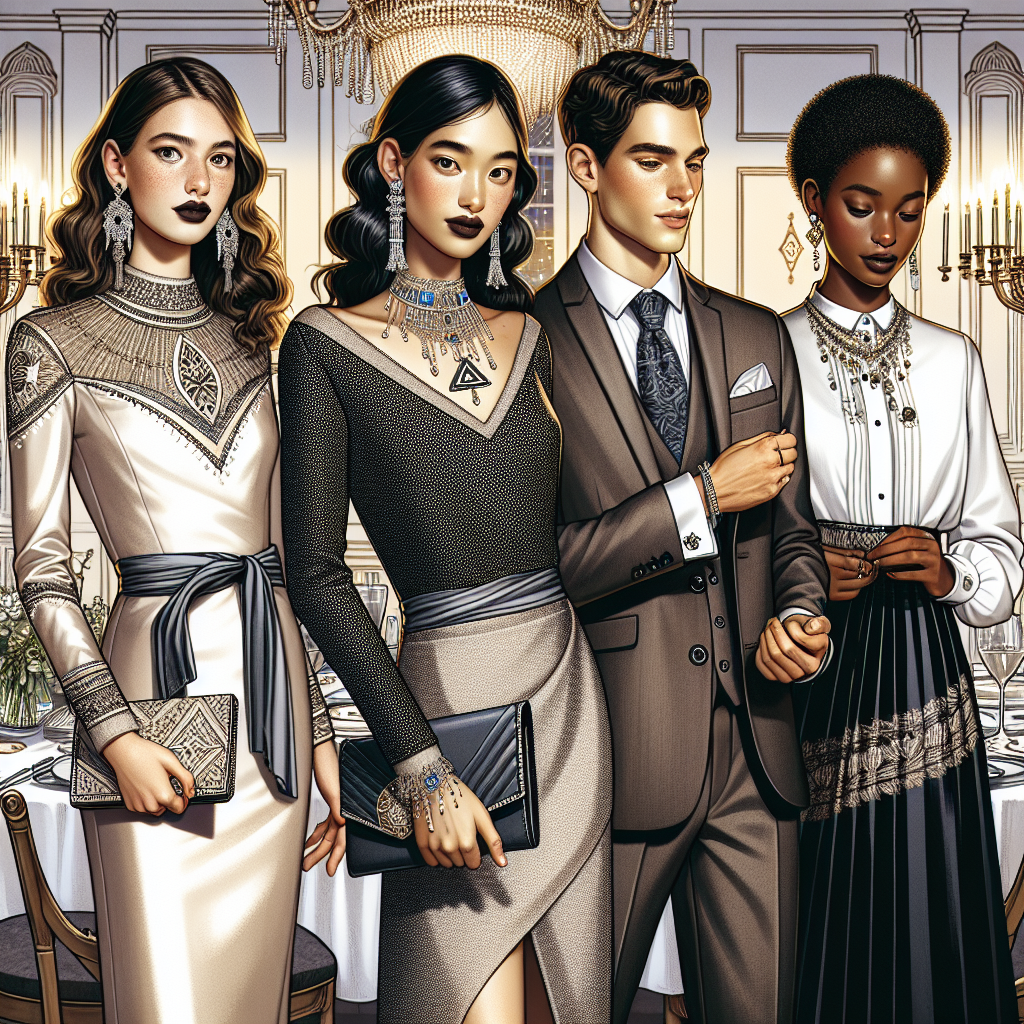 Visualize an elegant setting, a Bat Mitzvah celebration with guests in stunning attire. Show a South Asian woman in an embellished cocktail dress, holding a clutch purse, and a Hispanic man in a refined suit, fastening his cuff links. Additionally, show an African woman in a stylish blouse and skirt combination, adorned with a statement necklace. Give a feeling of festive and respectful atmosphere, with elements like a Menorah and Star of David motif in the background subtly referencing the occasion.