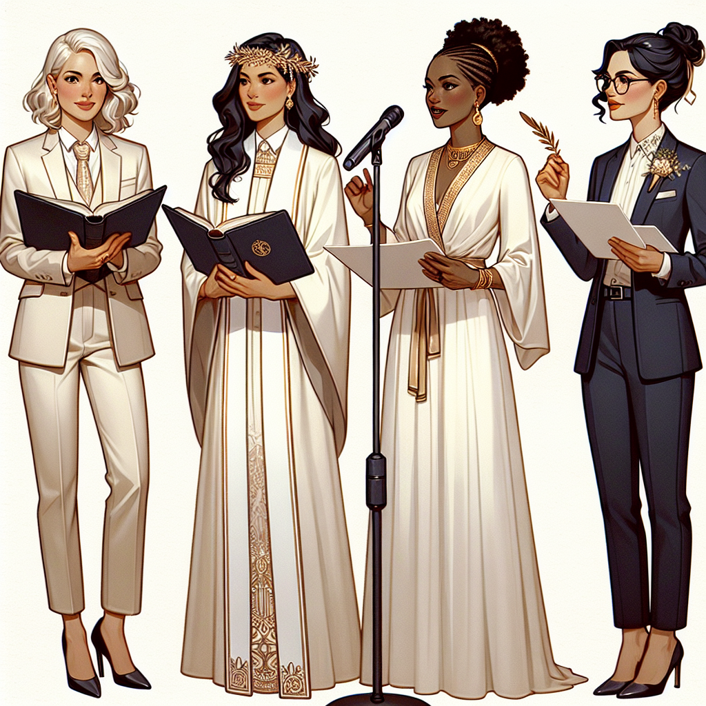 Generate an image showcasing a variety of must-have looks for female wedding officiants. It should include four women of different descents: a Caucasian woman in a sophisticated cream colored pant suit with a ceremonial book in hand; a Hispanic woman in an elegant white robe, reading from a scroll; a Black woman in a formal jumpsuit and ornate gold necklace, holding a microphone and speaking to an audience; and a Middle-Eastern woman in a tasteful navy blue blazer-dress, gesturing to a couple with a feathered quill. Each woman should exude the professional grace and poise expected of wedding officiants.