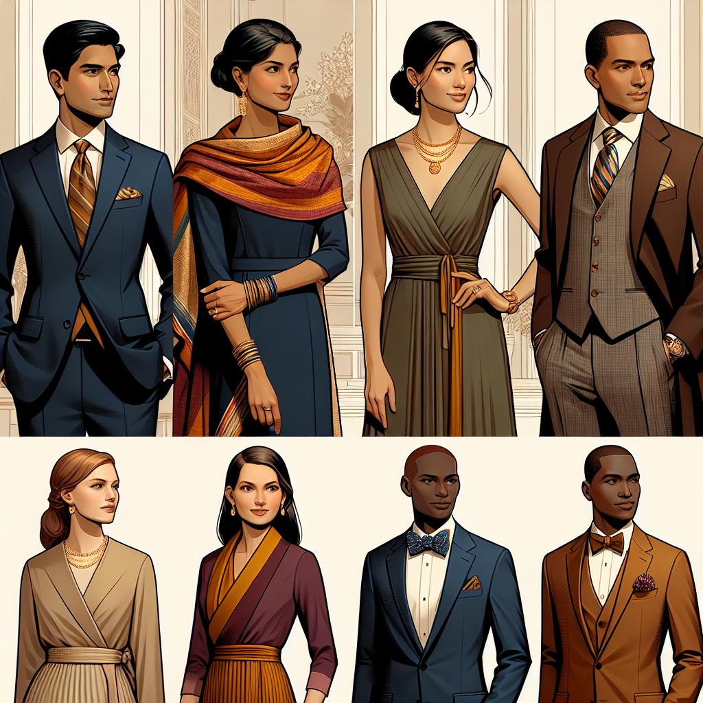 Create an image showcasing a variety of elegant outfits appropriate for swearing-in ceremonies. The first outfit is on a South Asian man, which includes a beautifully tailored dark suit with a silk tie. Next, visualize a Hispanic woman in a tasteful, knee-length dress in a rich, jewel tone, accessorized with a delicate gold necklace. Thirdly, depict a Caucasian woman in a sophisticated pantsuit in a neutral color, accented by a vibrant scarf. Lastly, show a Black man in a stylish, modern tuxedo with a bow tie. These individuals should be standing against a background indicative of such a momentous occasion.