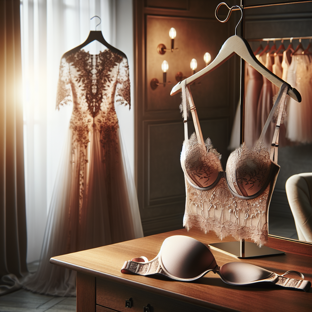 Wear This Stunning Bra for Backless Dresses! Showcase a stunning and elegant scene of a classy dressing room. A beautifully detailed backless dress, made of lace and silk, hangs delicately on a hanger aglow with soft lighting. Next to it, on a polished wooden table, lies an innovative and sleekly designed bra crafted for backless dresses. The lingerie, in a soft hue of blush pink, blends comfortable design with state-of-the-art support. It shows the best of lingerie innovation in perfect harmony with timeless fashion elegance.