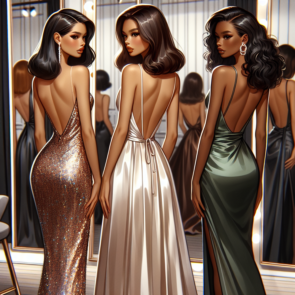 Image depiction of diverse fashion choices in backless dresses. The first gown should be a sequined, form-fitting piece worn by a South Asian woman. The second dress is a silky, draping number adorned by a Caucasian woman. The third is a bold, structured design donned by a Black woman. All three women are located in a chic, stylish dressing room with mirrors and soft lighting, looking at their reflections and very pleased with their outfits. This collection of elegant attires serves as the perfect image for readers looking for backless dress options.