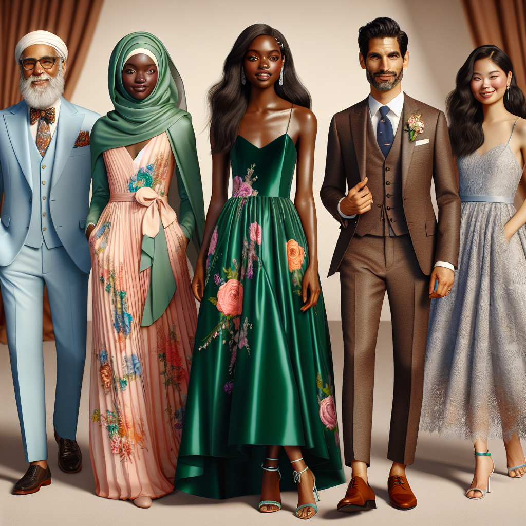 Stunning Outfits for Non-Muslim Wedding Guests Image of various non-Muslim wedding guests in stunning outfits. To the left, there is a middle-aged South Asian man in a vibrant pastel suit and to his right, a young Caucasian woman in an elegant sundress with floral motif. In the center, a Black woman is donning a sophisticated emerald green gown, while a Middle-Eastern man stands in an earth-toned three piece suit. To the far right, an East Asian man is seen in a tailored navy suit and a Hispanic woman in a knee-length lace dress. All are standing together joyously in a lavish wedding venue.