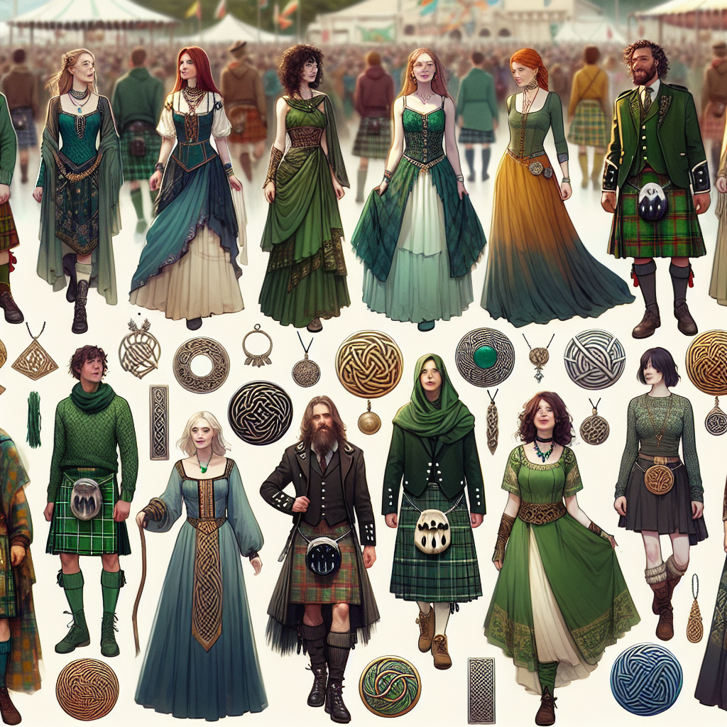 Imagine elements representative of a Celtic festival style guide. An array of stunning outfits, predominantly with rich hues of green, blue, and earthy tones. The scene is filled with people from diverse descents such as Caucasian, Hispanic, Black, Middle-Eastern and South Asian, each showcasing different unique, traditional Celtic garments. These garments can include tartan patterns, intricate Celtic knot work, long flowing dresses for women and kilts for men. Complementing the outfits, people are adorned with Celtic jewelry comprising of circular brooches, triskele pendants, and spiral motifs. They are all merrily participating and enjoying the event amidst the backdrop of a picturesque fairground.