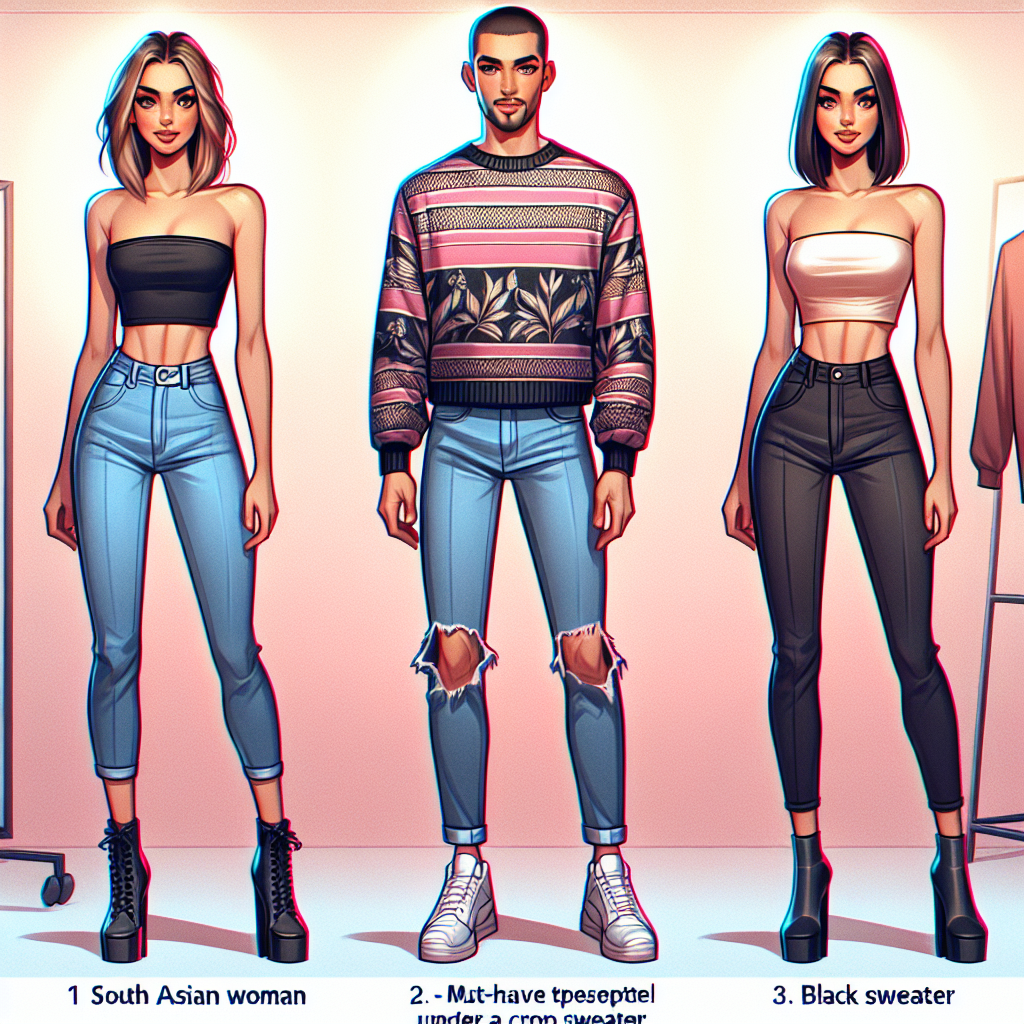Create an image showcasing various must-have styles appropriate to wear under a crop sweater. Picture a setting in a trendy fashion boutique. Show three different outfits: (1) a South Asian woman dressed in high-waist skinny jeans in a unique color, (2) a Hispanic man wearing an edgy printed T-shirt, and (3) a Black woman sporting an elegant tube top. The crop sweaters worn by each person should contrast pleasantly with the clothes underneath. Populate the scene with modern fashion accessories and ensure the lighting gives a warm and inviting vibe to the space.