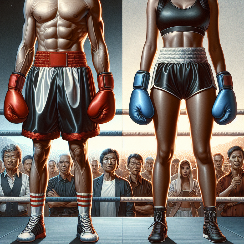 An in-depth illustration portraying the different styles of attire worn by boxers in the ring. On one side, an Asian male wearing traditional satin shorts with a wide elastic waistband, accessorized with red boxing gloves and a gumshield. On the other side, a Black female in modern, fitted synthetic material shorts and a sports bra, equipped with blue gloves and a protective headgear. In the background, varying shades of an audience in anticipation, immersed in the captivating sport of boxing. This captivating scene brings forth the effortless and must-have attire for a boxing match.