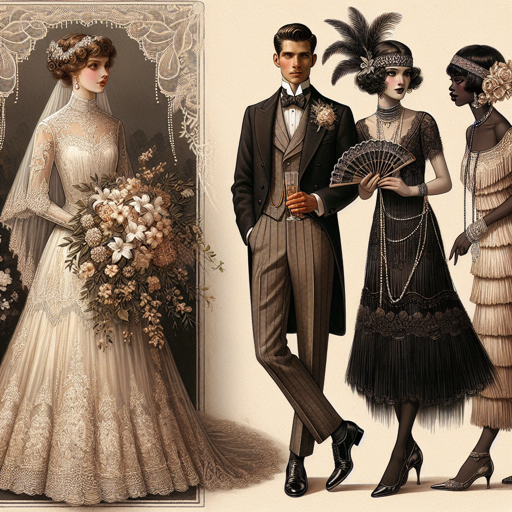 Vintage Wedding Styles: Stunning, Effortless Looks A collection of vintage wedding looks from different eras. In one corner, picture an elegant Caucasian bride in a late-19th-century, full-length, lace-trimmed dress, a veil elegantly draped over her updo, carrying a bouquet of gardenias. On another side, imagine a sophisticated Hispanic groom in a sharp early-20th-century tailcoat, polished boots shining, a silk cravat tied neatly at the collar. In the center, visualize a lively Black bridesmaid from the roaring 1920s, dressed in a flapper dress with layers of fringe, beaded headband sparkling, holding a dazzling feather fan. Complement these individual images with a Victorian background filled with lace and pearls.