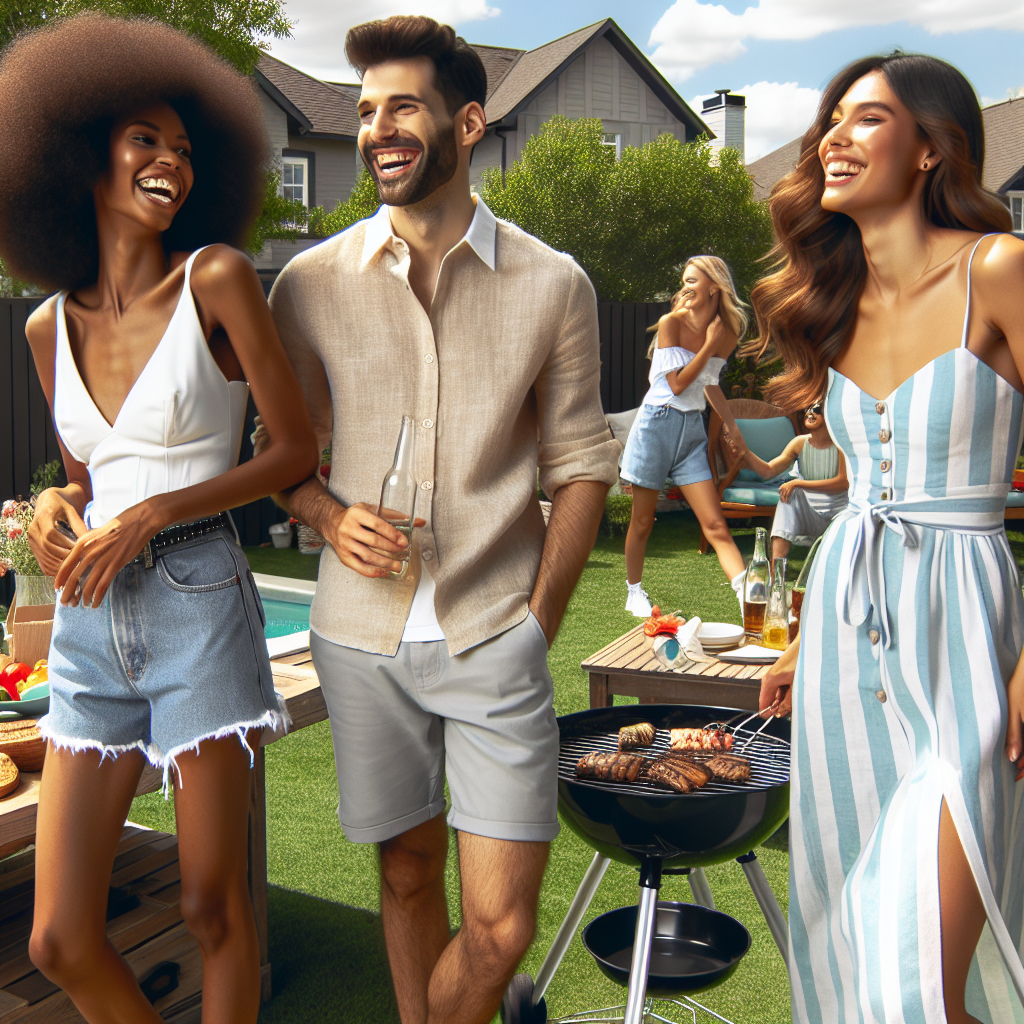 Stunning BBQ Outfits: Effortless Style Guide Imagine a scene for a style guide article, showcasing a variety of stunning and effortless outfits suitable for a casual yet chic barbecue event. There are three individuals, each of different descents: a Black woman dressed in summer casual attire, a Middle-Eastern man wearing a light linen shirt and shorts, and a Caucasian woman in a breezy sundress. They are all laughing and enjoying the BBQ party with the backdrop of beautifully decorated suburban backyard, sunny weather, and a BBQ grill with some delicious food on it. The colors are vibrant, the atmosphere is lively and the styles are uniquely appealing.