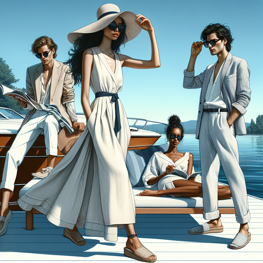 Visual depiction of a fashion-themed setting on a sunny summer day near a wake. In the foreground, there are three individuals exuding style and grace. An East Asian woman is wearing a light, breezy sundress with a wide-brimmed hat, leaning casually on a well-polished boat. A Middle Eastern man, in light linen trousers and a seersucker blazer, is stretched out on a sun lounger, engrossed in a magazine. And a Black woman, sporting an effortlessly chic jumpsuit complimented by espadrille sandals, is adjusting her large, stylish sunglasses as she gazes out over wake's waters. The blue water and clear sky in the background amplify the fresh and vibrant look and feel of the scene.