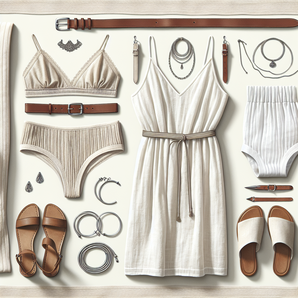 Create an image showcasing typical fashion essentials under a white linen dress. Display a variety of undergarments like a neutral-tone slip, seamless underwear, and a strapless bra. Alongside, show style-enhancing accessories such as a classic leather waist belt, silver layered necklace, and ankle-strap sandals. Also, depict these items on a flat surface in an ordered manner, perhaps next to a folded white linen dress for context. Remember to maintain a classy and chic vibe throughout the image.