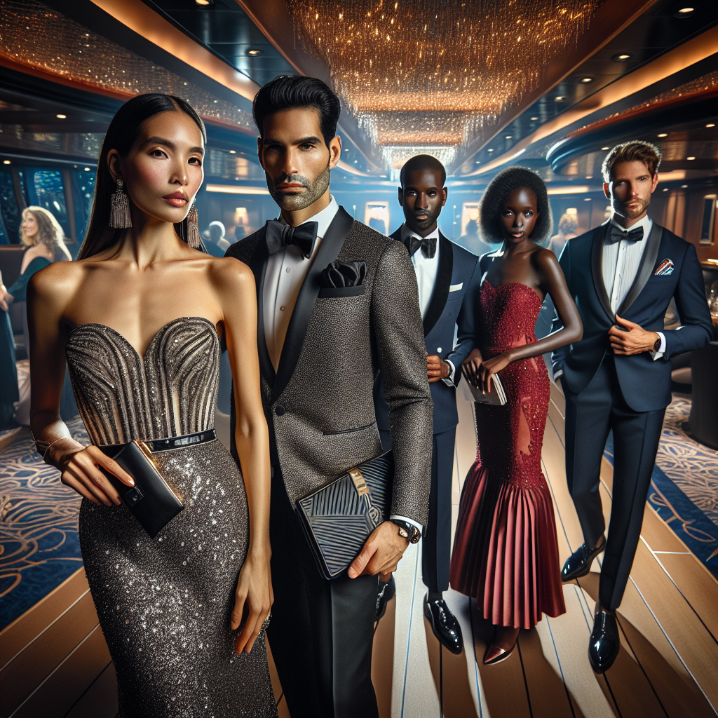 Stunning Cruise Night Attire: Dress to Impress A detailed view of a group of people dressed in stunning night attire, ready for a cruise. In the forefront, a woman of Hispanic descent is wearing a glittering silver evening gown, accessorized with a fashionable clutch bag, while a Middle-Eastern man is in a tuxedo with a pocket square. Further, a Black woman is adorned in a sleek red cocktail dress and a South Asian man seen in a classic navy suit. The backdrop displays luxurious cruise ship interiors with ambient lighting that brings a sense of evening elegance to the entire setting.