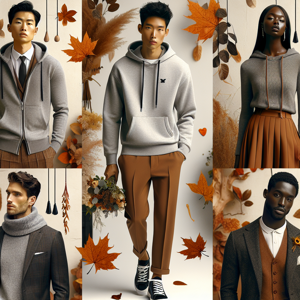 A fashion ensemble perfect for a fall wedding capturing the essence of chic comfort for fans of grey hoodies. The scene shows a diverse group of individuals of different genders and descent. On the left, an Asian man wears a trendy grey hoodie elegantly incorporated into his semi-formal wedding attire with brown chinos. On the right, a black woman pairs a dressy skirt with her grey hoodie, accented by warm autumnal accessories. A Hispanic man in the center exhibits a street-smart style by layering his grey hoodie under a casual suit. Falling leaves and warm tonal hues serve as a backdrop for this autumn themed fashion tableau.