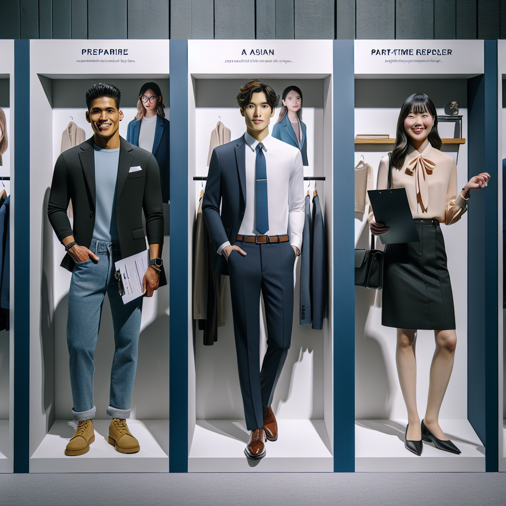A display showcasing diverse groups of people dressed in smart, professional attire for a part-time job interview. The scene is divided into separate frames to highlight each individual. The first frame presents a Hispanic male in a fitted black blazer, crisp white shirt, and blue jeans. The adjacent frame contains an Asian female in smart business attire, with a neat blouse and skirt complemented by petite refined jewelry. Finally, a South Asian non-binary individual manifests in a sleek, professional suit, sporting a bold necktie. Their preparations- a resume in hand, a confident smile, and an air of determination- all indicate their readiness for the interview.