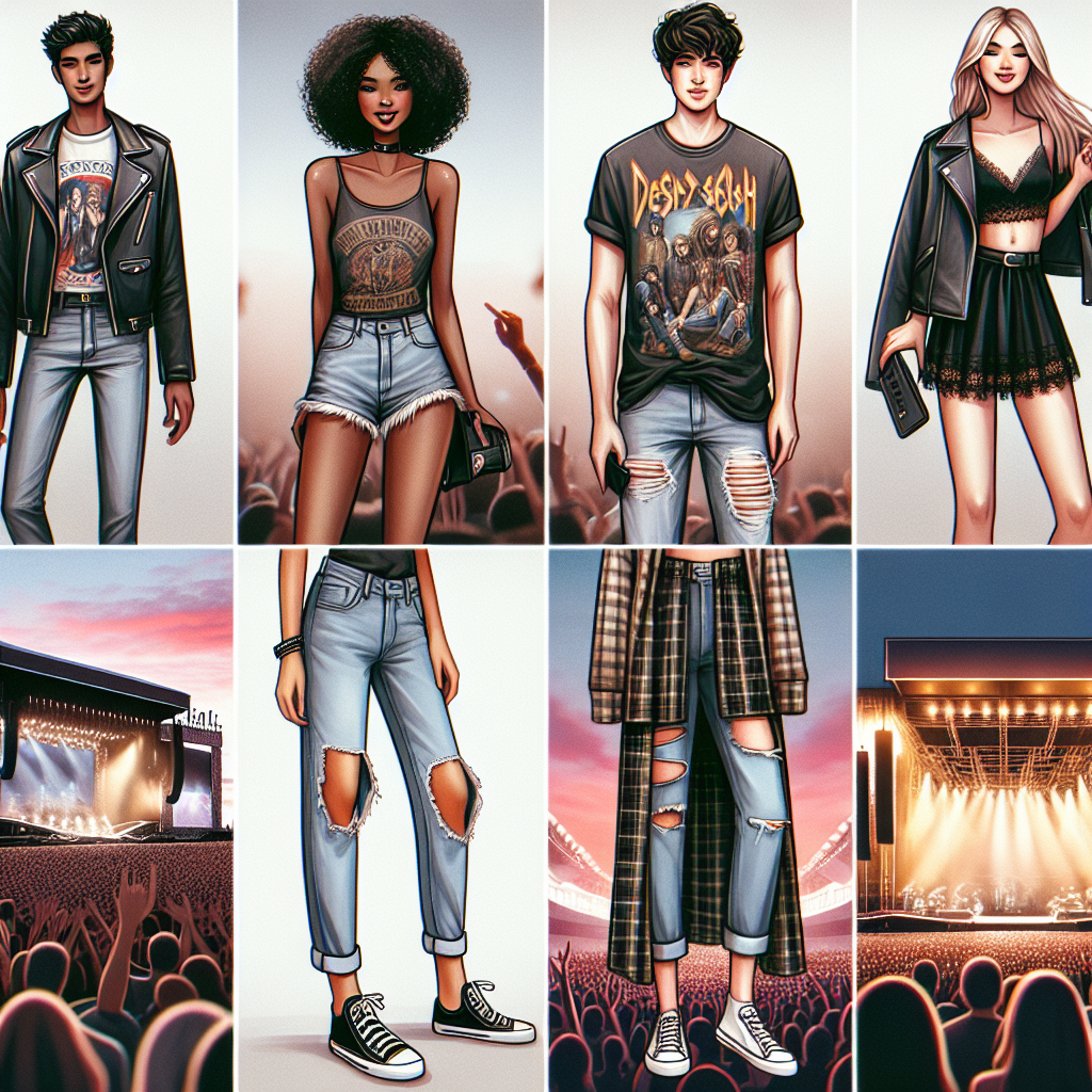 A collage displaying effortless concert outfits typical for pop rock music events. In the top left, a Black woman is wearing a chic leather jacket and skinny jeans with a graphic t-shirt. In the top right, a Caucasian man is sporting an edgy and casual ensemble consisting of distressed denim and a band t-shirt. The bottom row has a South Asian woman donning a stylish and comfortable sundress with sneakers, and a Middle-Eastern man in ripped jeans and a loose shirt. The center should hold a vibrant image of a typical stage at a pop rock concert.