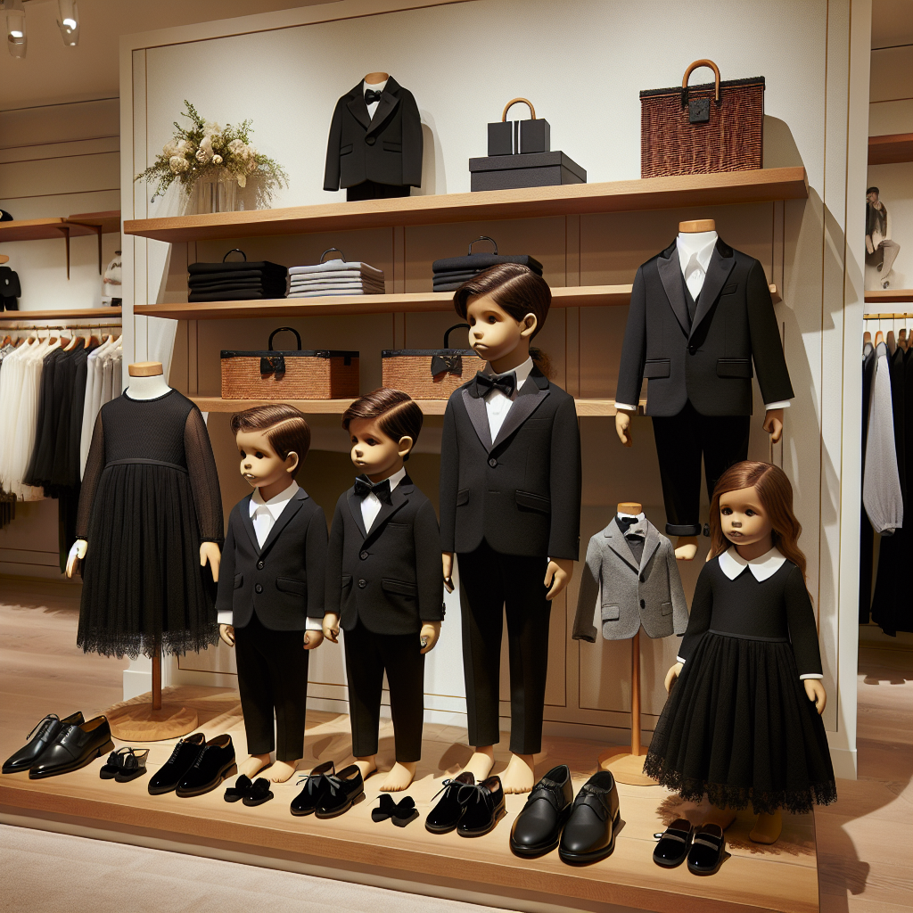 A collection of formal attire for children at a somber occasion like a funeral is spread out. We see a shelving setup displaying neatly arranged items such as small black suits for boys, black dresses with white collars for girls, formal shoes, and tiny accessories like ties and hair ribbons. An adjacent mannequin set includes a Hispanic boy and a Caucasian girl wearing this funeral attire, looking respectful. The background is a tastefully designed store interior with soft lighting to suit the solemn theme of the attire collection. All the items are tastefully designed for youngsters to wear to a funeral, combining comfort with formality.
