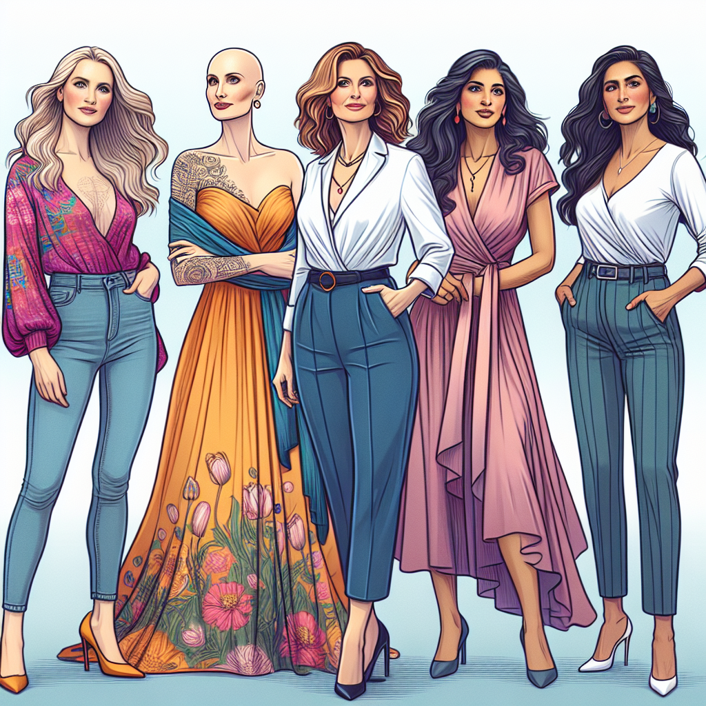 An empowering image showcasing the diversity and beauty of women who have undergone mastectomy surgeries. Picture a scene featuring four women standing together with pride. The first woman, a Caucasian in her mid-30s, is wearing a vibrant blouse and high-waisted jeans. Next to her, a Middle-Eastern woman, around 50, elegantly draped in a flowing dress. The third woman, of South Asian descent in her 20s, is dressed in a modern business suit. Finally, a confident Hispanic woman in her 40s sporting a stylish casual outfit. All expressing confidence and resilience, embracing their post-surgery bodies.