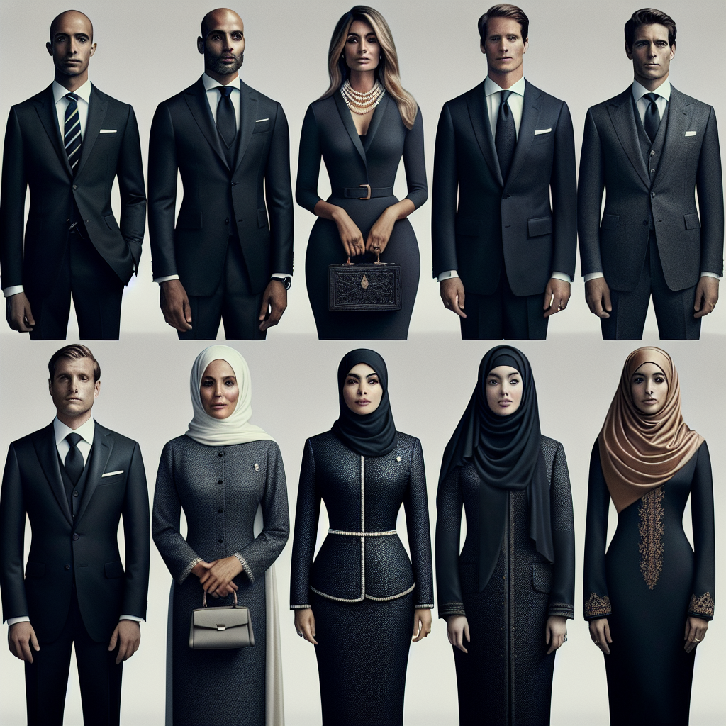 An array of high-end, respectful attire suitable for individuals participating in funeral procession. Several examples are observed: 1. A tall, Black man in a meticulously tailored black suit with a subtly striped tie; 2. A South Asian woman in a sleek, charcoal grey dress with an elegant pearl necklace; 3. A Caucasian man in a traditional, deep-navy blazer with a white pocket square; 4. A Middle-Eastern woman in a tasteful black skirt suit, paired with a rich amber hijab. All of them exude solemn dignity and respect.