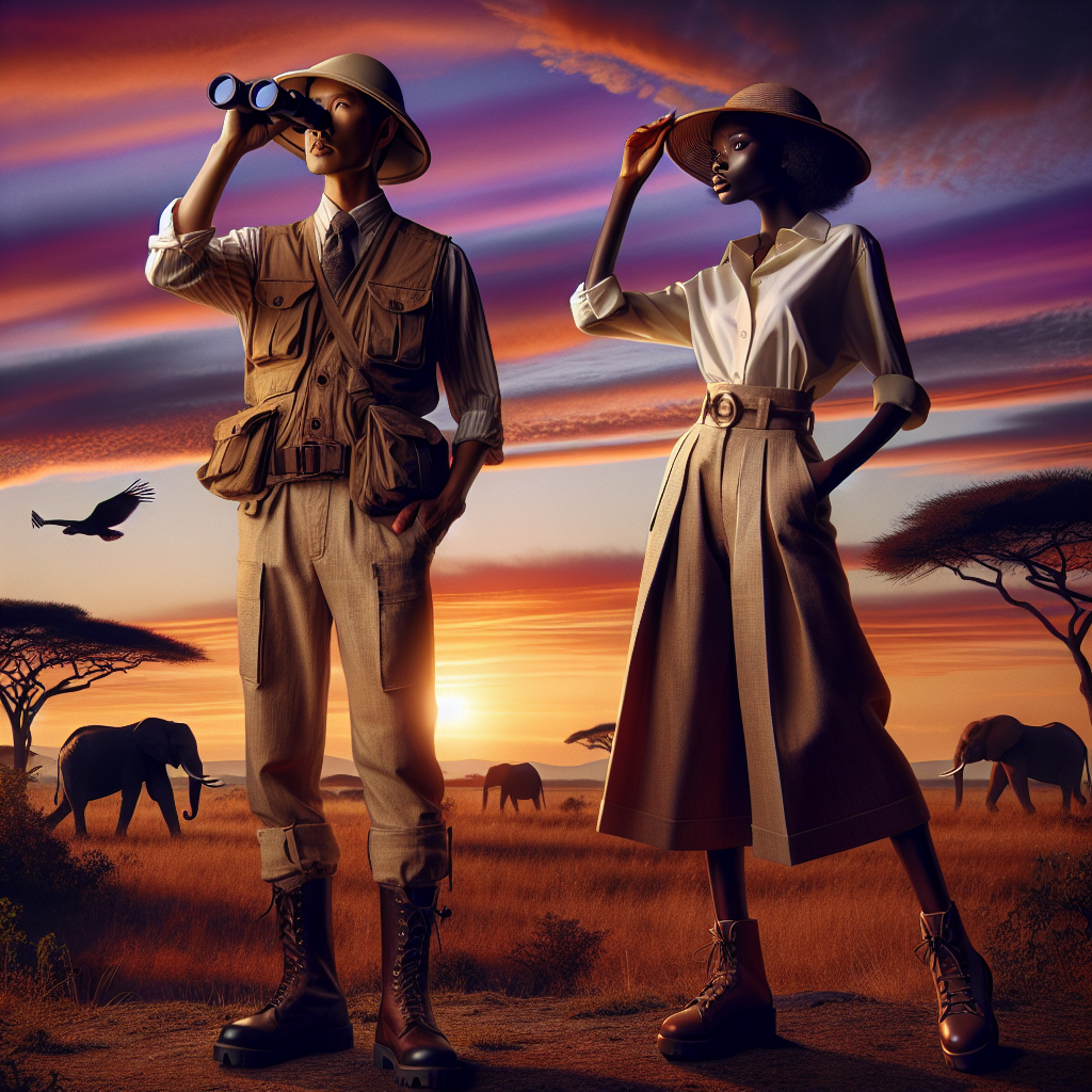 Picture a scene set in a glorious African savanna at sunset with streaks of orange and purple light painting the sky. To the left, an Asian man in a classic safari outfit - khaki technical vests, linen trousers and protective leather boots, is attentively peeking through his binoculars. On the right, a Black woman exudes effortless elegance in a crisp linen shirt and full-length safari skirt paired with sturdy walking sandals. Both are accessorized with wide-brimmed hats for sun protection. In the background, silhouettes of acacia trees and wildlife like elephants and zebras can be spotted.