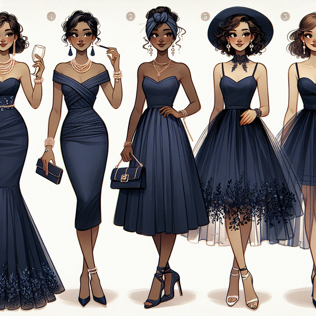 Discover Stunning Outfits for Navy Dresses at Weddings Design a visually stimulating ensemble of four distinct and glamorous outfits to match navy blue dresses ideal for weddings. Each outfit should have different accessories such as shoes, jewelry, hats, and purses. First, illustrate a middle-aged South Asian woman in a mermaid-style navy gown with a pearl necklace, matching heels, and a stylish clutch. Next, depict a young Black woman in a navy A-line dress, with diamond earrings, strappy sandals, and a trendy handbag. Thirdly, visualize a mature Hispanic woman in a maxi navy dress, matching choker, peep-toe pumps, and a fascinator. Lastly, picture a teenaged Caucasian girl in a navy tulle skirt dress, with a dainty headband, ballet flats, and a petite sling bag.