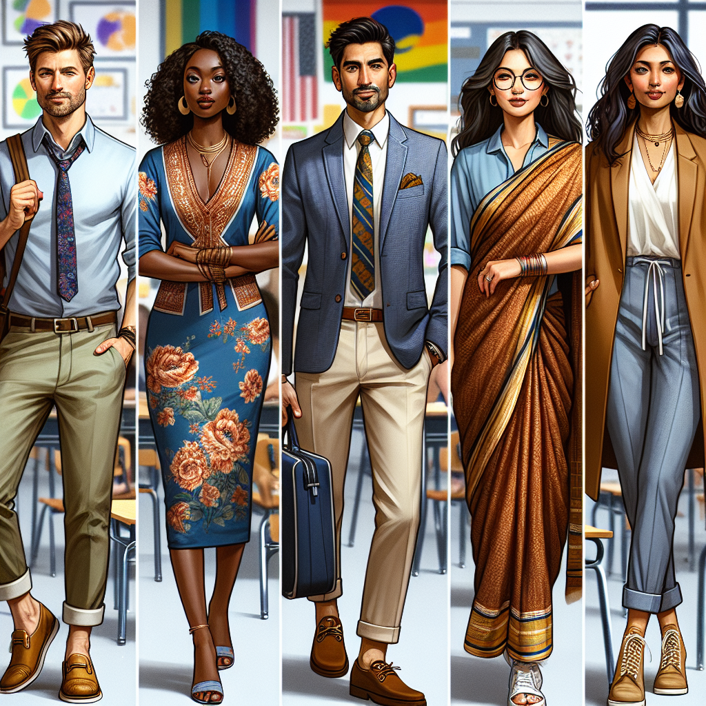 Stunning Outfits for Substitute Teachers: Dress to Impress A bustling school environment showcasing five substitute teachers whose style makes a statement. The first, a Caucasian man, is in a casual yet refined outfit with untucked shirt, khaki pants, and comfortable loafers. The second, a Black woman, is sporting a vibrant dress paired with trendy boots. The next, a Middle-Eastern man, is draped in a smart blazer, crisp shirt, and well-fitted trousers. With him, a South Asian woman is seen in an elegant sari paired with a stylish blazer. Lastly, a Hispanic woman, in a chic tailored suit completes the scene. All are ready to make an impression in their classrooms.
