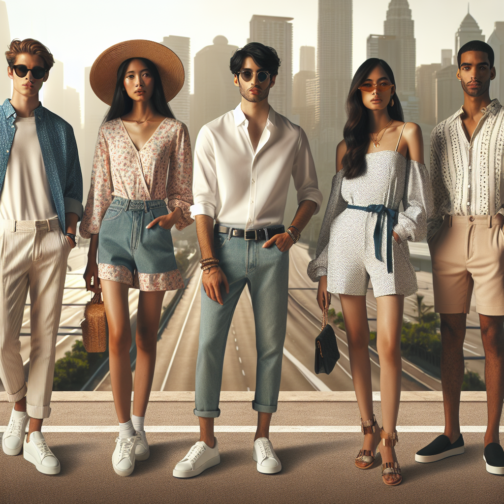 Imagine a cityscape in the morning light with a group of diverse individuals showing their brunch outfit ideas. Include one person who is South Asian female wearing a trendy floral summer dress with white sneakers and a straw hat. Another one is a Hispanic male with a smart casual outfit, a crisp white shirt paired with blue denims and stylish sunglasses. Add a Middle-Eastern female in a chic jumpsuit accessorized with gold jewelry and block heels. Lastly, feature a Black male flaunting a laid-back look with a patterned shirt, chino shorts and loafers.