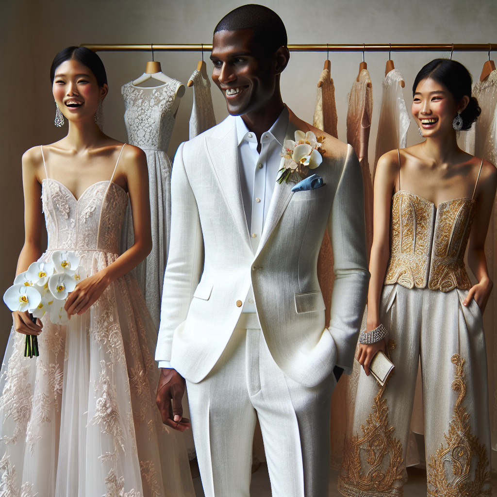 Imagine a boutique display of stunning semi-formal wedding outfits. First, a white linen suit worn by a Black male model. The suit has a crisp, tailored fit with a light blue silk pocket square peeking from the jacket's pocket. A corsage of fresh orchids is pinned to the lapel. Next to him, an Asian female model in a summer pastel A-line dress, made of intricate lace and silk layers, complemented by sparkling diamond earrings. Lastly, a Middle-Eastern female model in a gold embroidered pantsuit, styled with a classy clutch and high-heeled sandals. All models are laughing in a relaxed, joyous wedding environment.