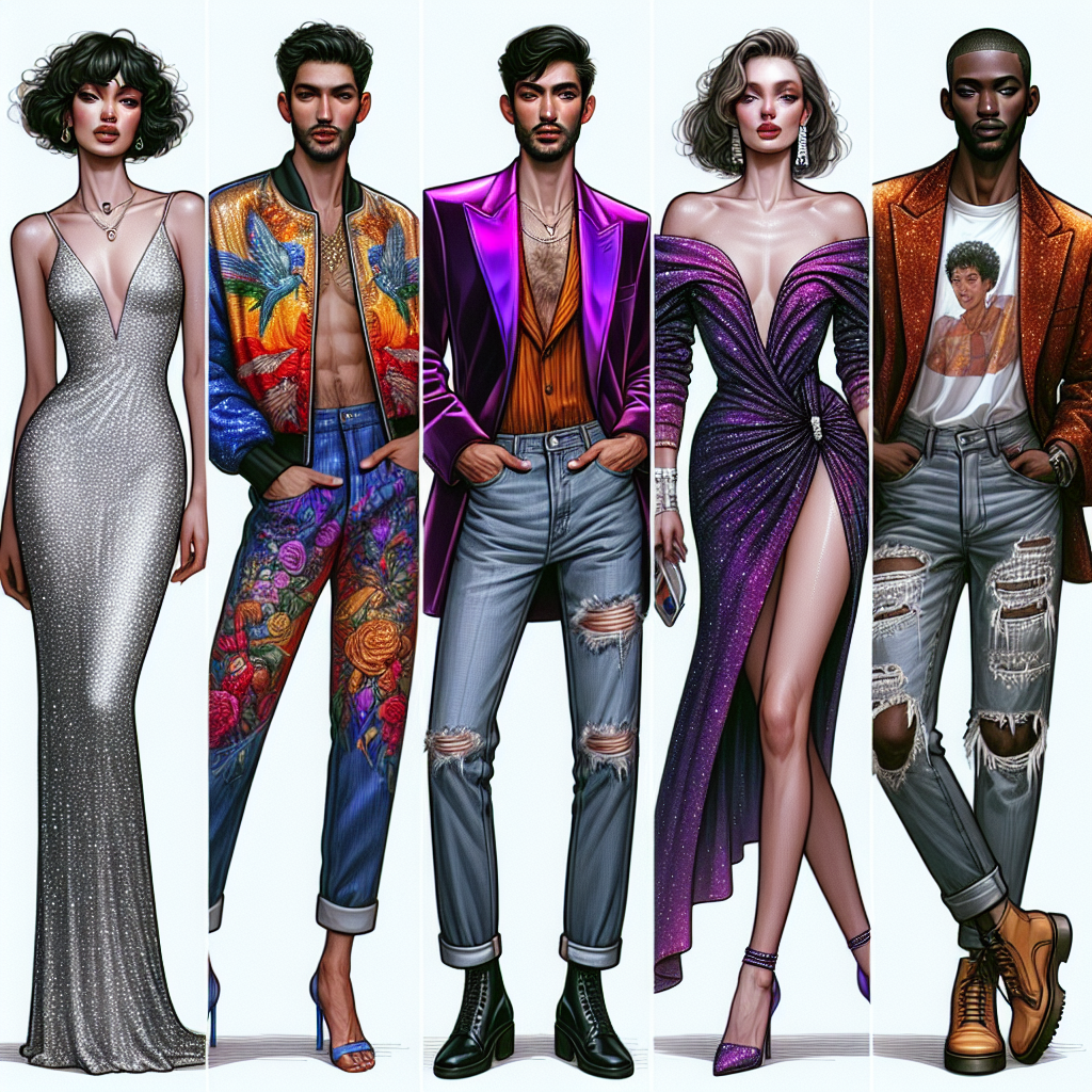 Envision a series of stunning and effortless outfits designed for comedy shows. The first one is a silver sequined dress worn by a Middle-Eastern woman with an oversized colorful jacket. The second outfit, worn by an Asian man, consists of skinny jeans paired with a flashy velvet blazer in purple. The third show, worn by a Caucasian woman features a trendy jumpsuit in vibrant orange with statement accessories. Lastly, the fourth outfit showcases a Black man rocking a casual, yet chic ensemble &ndash; ripped denim jeans and a graphic tee, layered with a leather jacket.