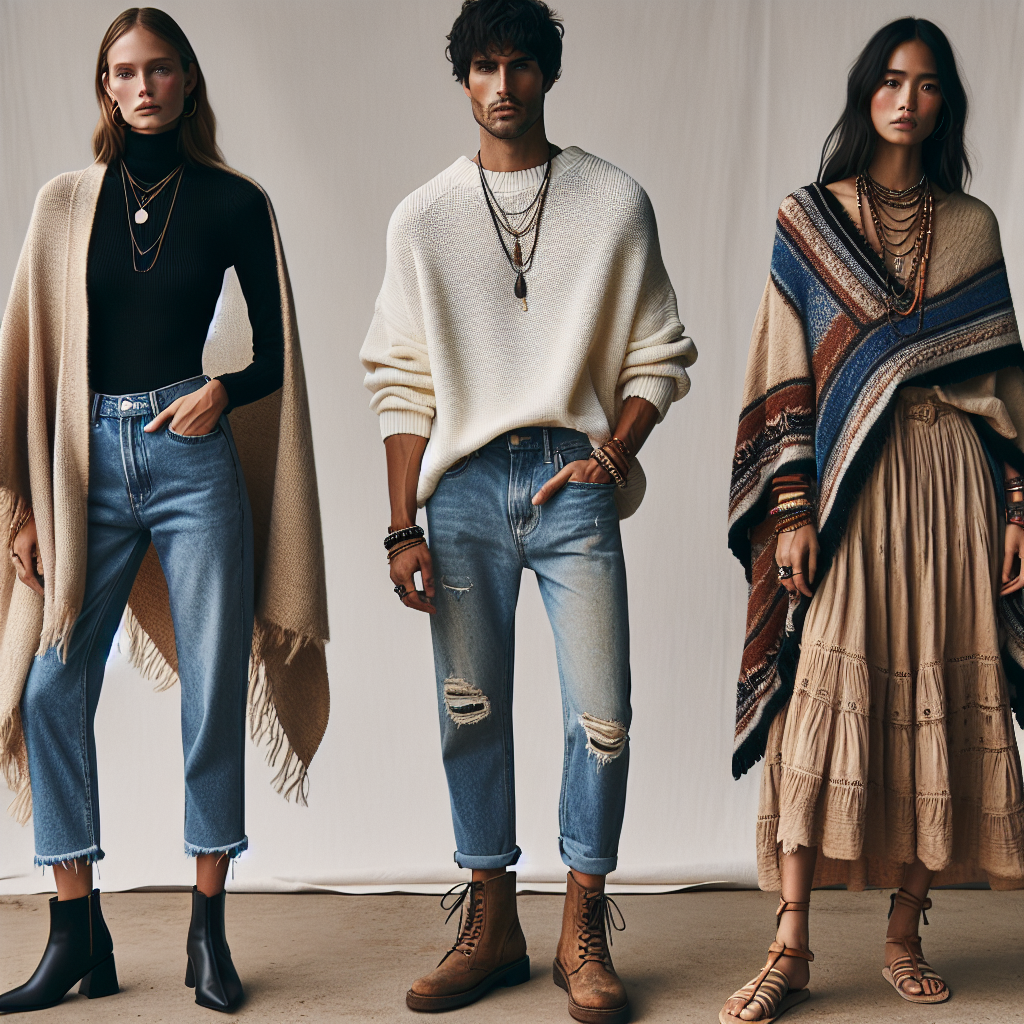 A fashion-focused scene of three individuals showcasing different styles to wear under a poncho. The first individual, a Caucasian woman, displaying a casual chic look with a fitted black turtleneck, high-waist blue jeans and ankle boots. The second person, a Hispanic man, showing a relaxed, cold-weather style with a white thermal shirt, ripped denim jeans, and lace-up boots. The final character, a South Asian woman, sports a bohemian style with a flowing maxi dress in earthy tones, layered necklaces, and strappy sandals. The background can be a simple, neutral backdrop that does not distract from the showcased outfits.