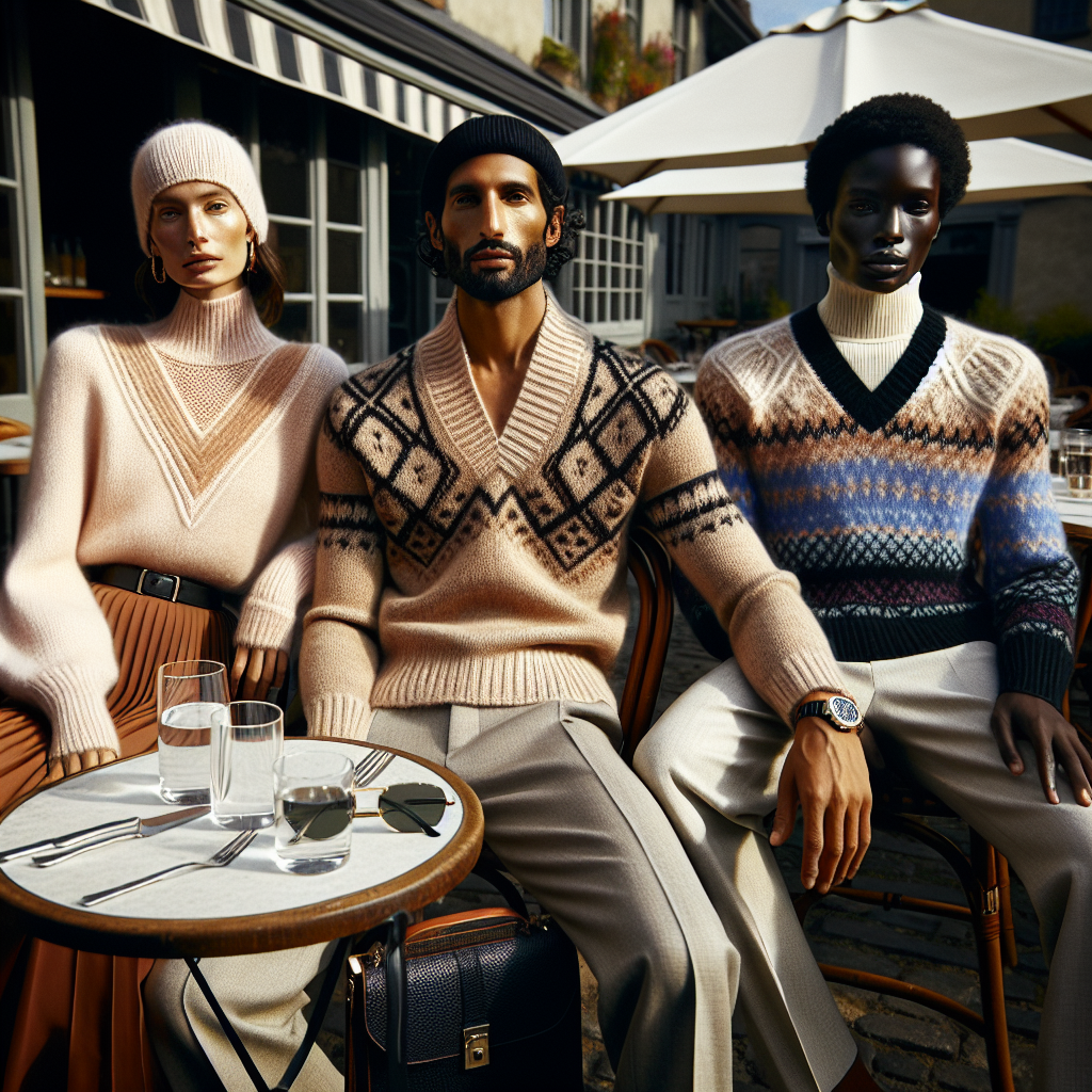 Stunning Luncheon Looks: Best V-Neck Sweater Styles Envision a moment of elegant dining. The scene unfolds at a quaint bistro outdoors, under the clear azure sky. In the center, see three fashion-forward individuals of different descents: a Caucasian woman, a Middle-Eastern man, and a Black woman, each stylishly donned in V-neck sweaters. Their ensembles vary, radiating coziness yet sophistication. The sweaters exhibit a wide variety of colors and textures - knitted, cashmere, hued in soft pastels, deep moody tones, or playfully patterned. Each is paired differently: perhaps with jeans, slacks, or pleated midi-skirts. Accessories complete their looks, with complementary scarves, chic hats, stylish wristwatches, and leather bags.