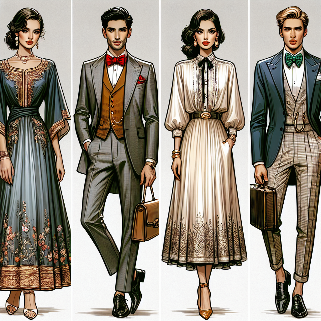 Stunning Outfits for Your Birthday Dinner: Effortless Style Display an assortment of fashionable outfits ideal for a birthday dinner celebration. Show four outfits, each representing a different style sense. The first features an elegant South Asian woman in a silk dress with intricate embroidery. The second outfits a stylish Middle-Eastern man in a tailored suit paired with a vibrant bow tie. The third outfit centers an Hispanic woman sporting a vintage-inspired evening dress paired with matching accessories. Lastly, the fourth outfit showcases a Caucasian man in a chic dinner jacket and crisp, white shirt. All are effortlessly stylish, reflecting class and personality.