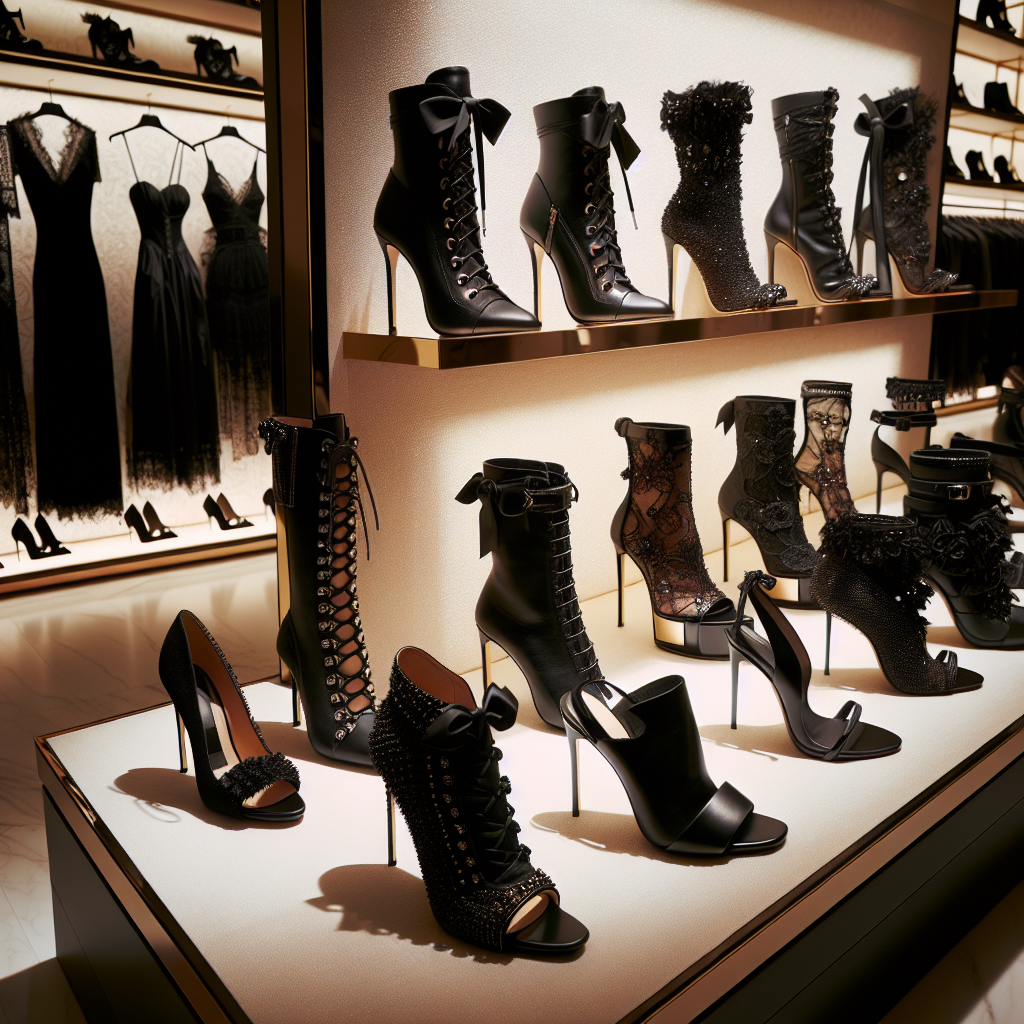 Discover Stunning Heels for Black Dresses: Must-Have Guide A well-lit retail display showcasing an array of high-heeled shoes in various designs and shades of black. Each pair of heels, from lace-up stiletto boots to classic pumps to strappy sandals, is crafted to complement a range of black dresses. The shoes exhibit a variety of embellishments, including bows, glitter, and rhinestones. An elegant black dress hangs in the background for reference. The scene conveys a sense of luxury and style, making it clear that these are must-haves for every fashionista's wardrobe.