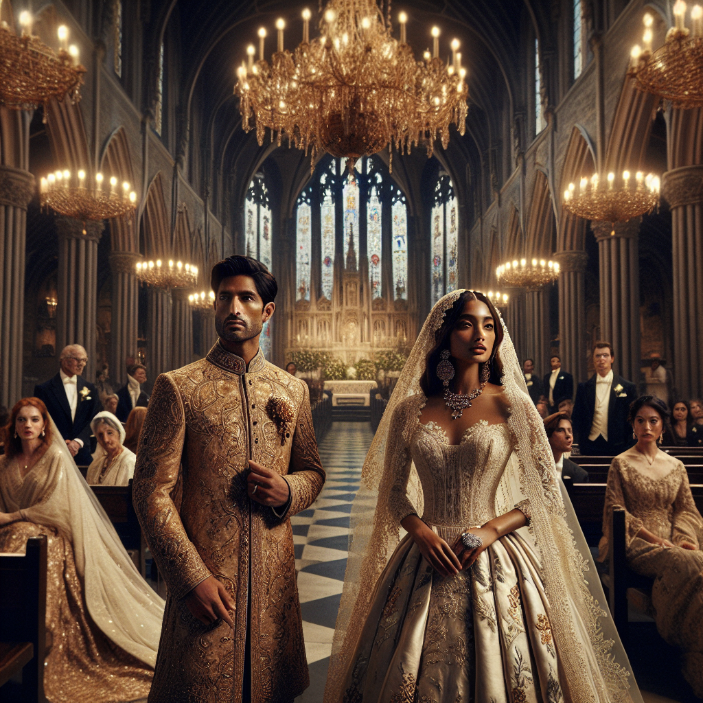Imagine an elegant scene set at a formal wedding ceremony. In the foreground, a South Asian groom, wearing a traditional Sherwani, his garments adorned with intricate golden embroidery and the mother-of-pearl cufflinks glinting under the ornate chandeliers. To his side, a Hispanic bride, exuding effortless elegance in a lustrous, vintage silk wedding gown, her veil adorned with delicate lacework. The background beautifully captures the grandeur of the venue - a 19th-century neo-Gothic cathedral with stained glass windows. Guests of diverse descents, dressed in their respective traditional formal attire, add to the rich cultural tapestry of this wedding.