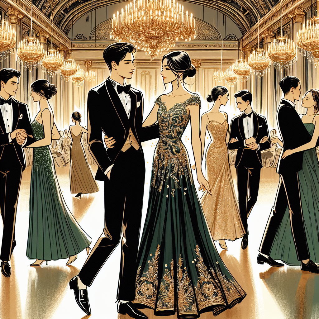Visualize an elegant scene of a formal dance. Depict a grand hall lit by ornate chandeliers casting golden light. There are several pairs dancing in well-coordinated steps; a diverse representation of couples made up of different descents and genders. Two of the dancers stand out: one is a stylishly dressed East-Asian man in a perfectly tailored black suit and a bow tie, and his partner, a gracefully dressed South Asian woman wearing an emerald green, intricately embellished formal gown, carries an aura of effortless chic. Include minute details that demonstrate the essence of a traditional formal dance mixed with modern fashion elements.