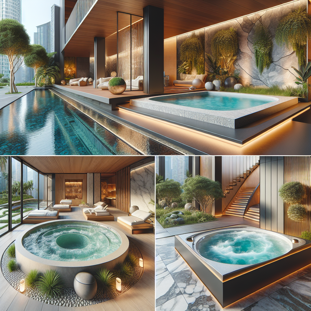 Must-Have Jacuzzi Styles: Effortless & Chic Choices Imagine a diverse selection of high-end, stylish jacuzzi styles. One is nestled in a tranquil outdoor setting with cool, elegant stone surroundings flanked by lush plants. Another, a rectangular, indoor jacuzzi, sits next to panoramic windows, offering splendid city views. A third jacuzzi, with a unique, circular design, is found in a private, indoor space, with warm, mood lighting and carefully chosen decor completing the effortless and chic vibe.