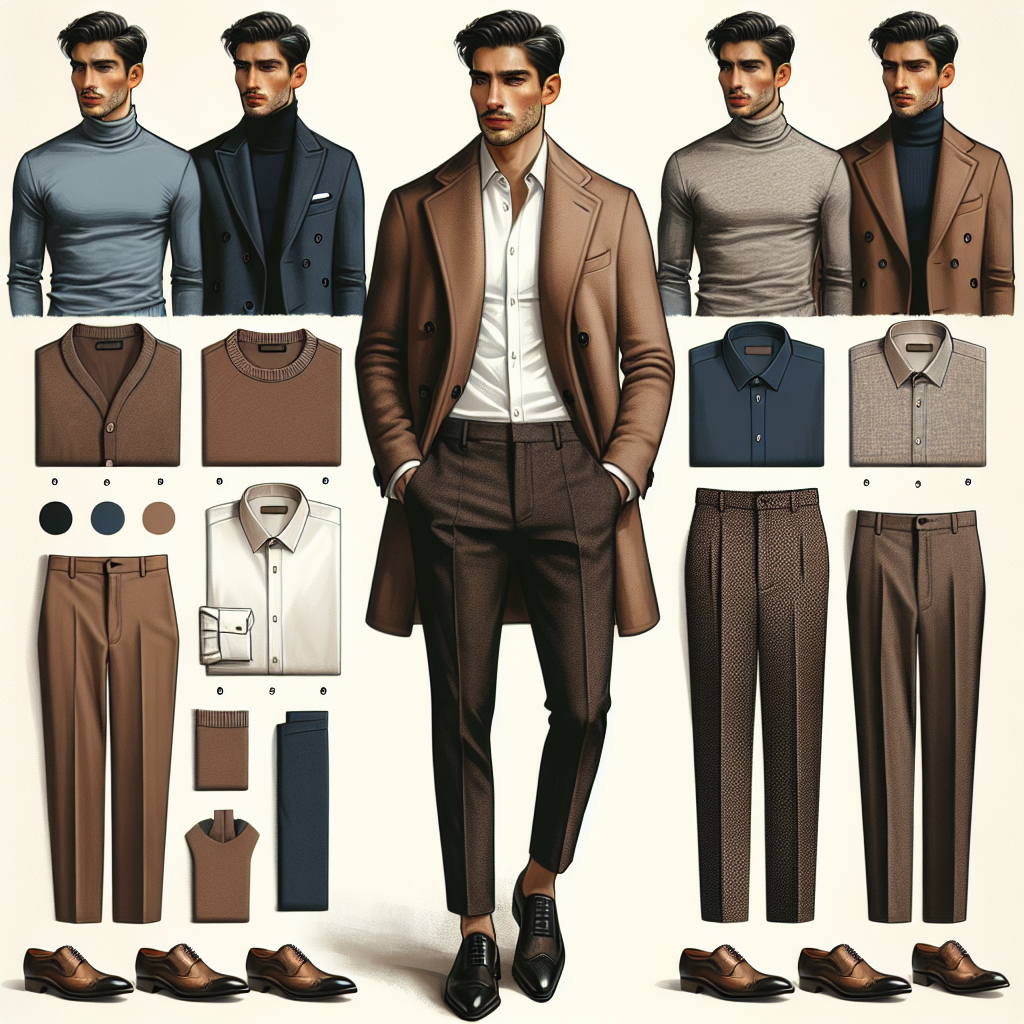 Effortless Style: What to Wear With a Brown Sports Coat Create an image featuring a style guide collage showcasing various styling options with a brown sports coat. Include a male model of Middle-Eastern descent donned in the brown sports coat with a crisp white shirt, paired with tailored navy blue trousers, and polished brogues. Add a few more options, like a light blue shirt with khaki chinos for a daytime look, a dark turtleneck for an evening outfit, and a patterned dress shirt with charcoal grey trousers for a more semi-formal look. The image should aesthetically arranged and have a modern minimalist feel.