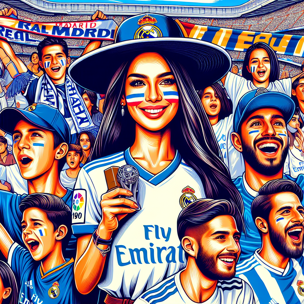 A colourful image illustrating the must-watch styles for a football game at the Santiago Bernab&eacute;u Stadium, placing particular emphasis on Real Madrid theme. Include a collection of sports clothing including jerseys, scarves, hats and face paintings. Have a woman of Hispanic descent in the foreground wearing a blue and white striped jersey coupled with a scarf, and a man of Middle-Eastern descent holding up a cap with Real Madrid's emblem. A good mix of young and old fans, all cheering passionately for the game, to capture the wide appeal of football.