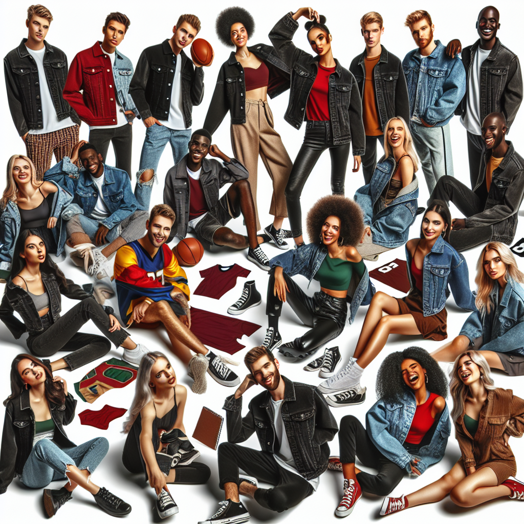 Generate an image depicting a range of stunning outfits complemented by black jean jackets for game day. Show a diverse group of people of various descents such as Caucasian, Hispanic, Black, Middle-Eastern, and South Asian. The scene should provide a colorful array of casual, chic, and sporty styles all enhanced by the edginess of the black denim jackets. Depict everyone in an uplifting pre-game atmosphere, exchanging smiles and laughter, holding items related to the game. Remember to make these outfits suitable and fashionable for both male, female, and non-binary individuals.