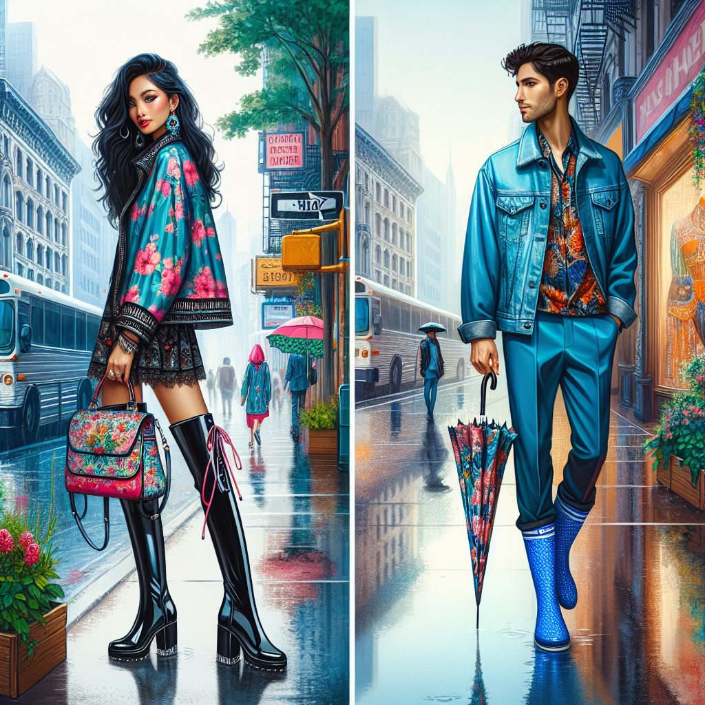 Picture a lively city street during a summer rain shower. A South Asian woman in an effortlessly stylish outfit is walking near the colorful storefronts. She is decking a floral raincoat, paired with matching knee-high rain boots. Her outfit is completed with a vibrant waterproof handbag over her shoulder. Further down the road, a Hispanic man styled in a denim blue rain jacket, black waterproof trousers, and matching blue boots is waiting for the bus. He carries a patterned umbrella that complements his outfit. The city reflects the life and colors even amidst the rain, suggesting the vibrant pulse of fashion in everyday life.