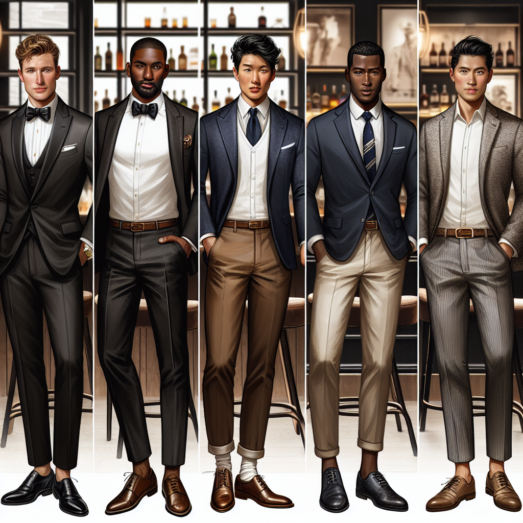 A comprehensive visual style guide for men who are frequent visitors to a steakhouse. The image showcases different classy and suave outfits: a white caucasian man in a sleek black tuxedo and a polished pair of leather shoes, a dark-skinned black man in a dapper navy blue blazer and khaki trousers, an Asian man enrobed in a casual denim jacket, white shirt, and dark jeans, a Hispanic man in a charcoal grey suit with a satin tie, and a Middle-Eastern man featured in a classy, stripped button-down shirt and light brown chinos. All the men are set against the backdrop of a sophisticated steakhouse interior.