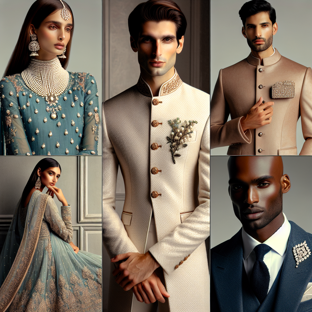 What to Wear to a Walima: Stunning, Effortless Styles A collection of elegant wedding guest outfits suitable for a Walima. The first image showcases a South Asian woman gracefully clad in an embellished aquamarine Anarkali suit paired with matching pearl jewellery. The second image portrays a Caucasian man, sharply dressed in a cream Sherwani adorned with delicate gold embroidery. The third image captures a Middle-Eastern woman in a stylish embroidered Abaya, accessorized with a diamond encrusted clutch. Lastly, an image of a Black man donning a tailored navy blue Bandhgala suit with a standout brooch. All outfits exude class and simplicity, perfect for attending a Walima.